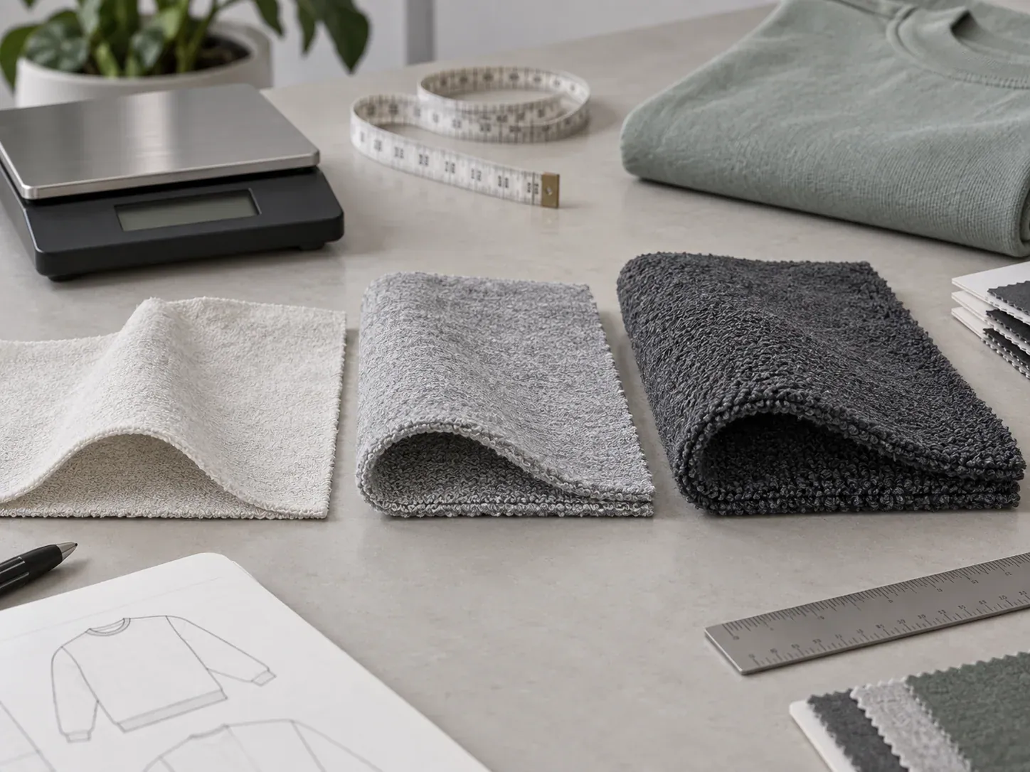 Fabric swatches and design tools for custom clothing manufacturing.