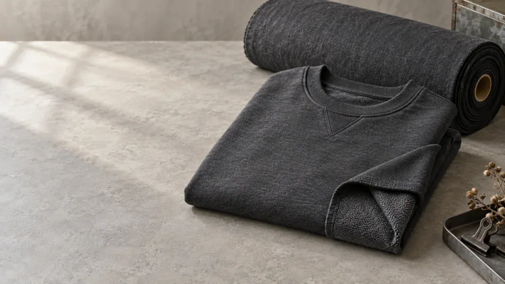 Gray sweatshirt and fabric roll for custom clothing manufacturing.
