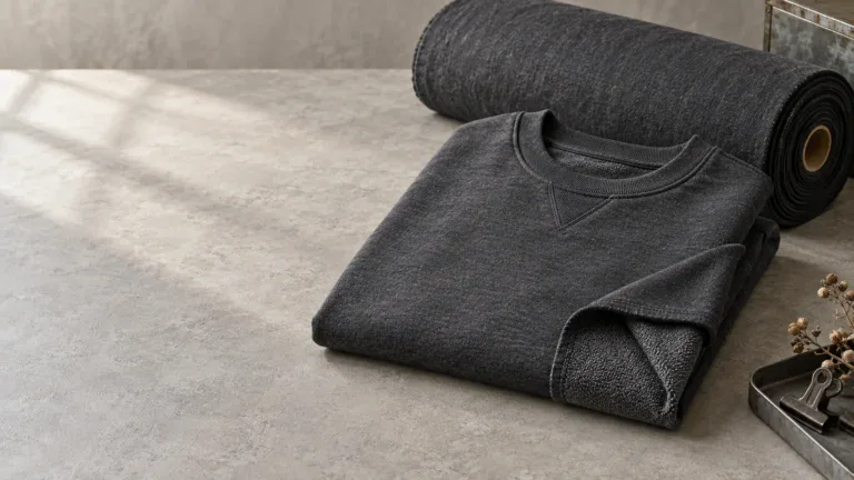 Gray sweatshirt and fabric roll for custom clothing manufacturing.