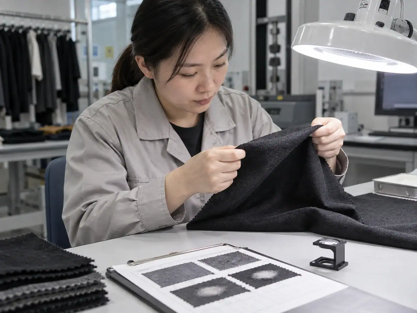 Textile technician inspecting French terry surface for pilling and abrasion
