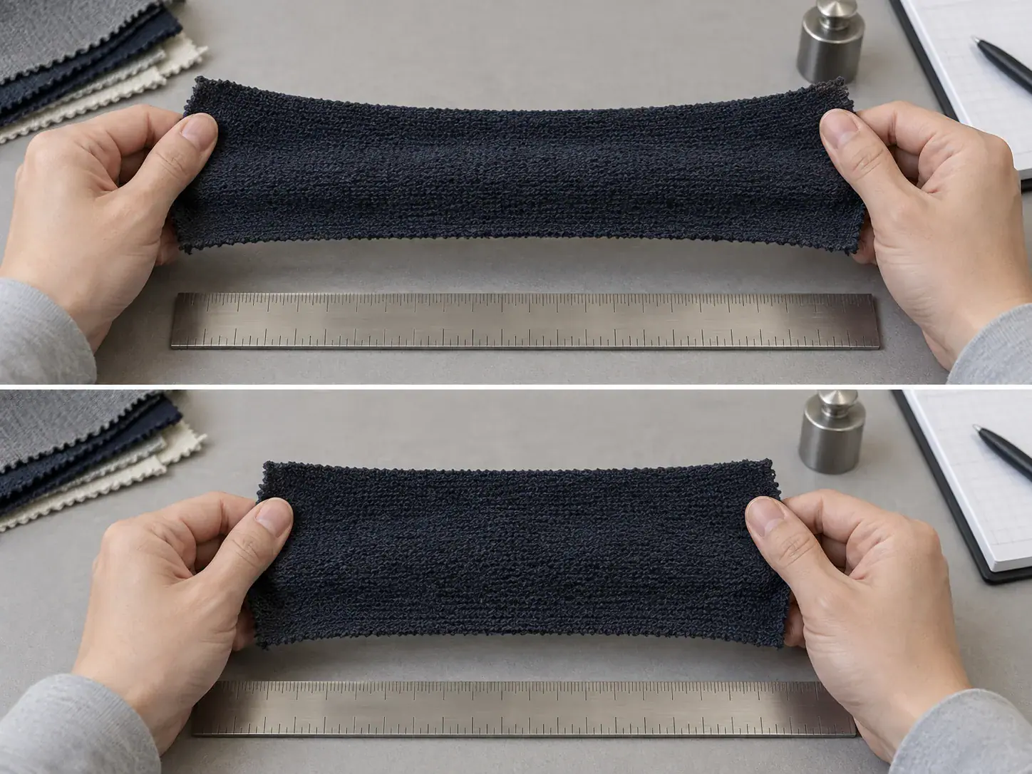Hands checking crosswise stretch and recovery of a French terry fabric swatch