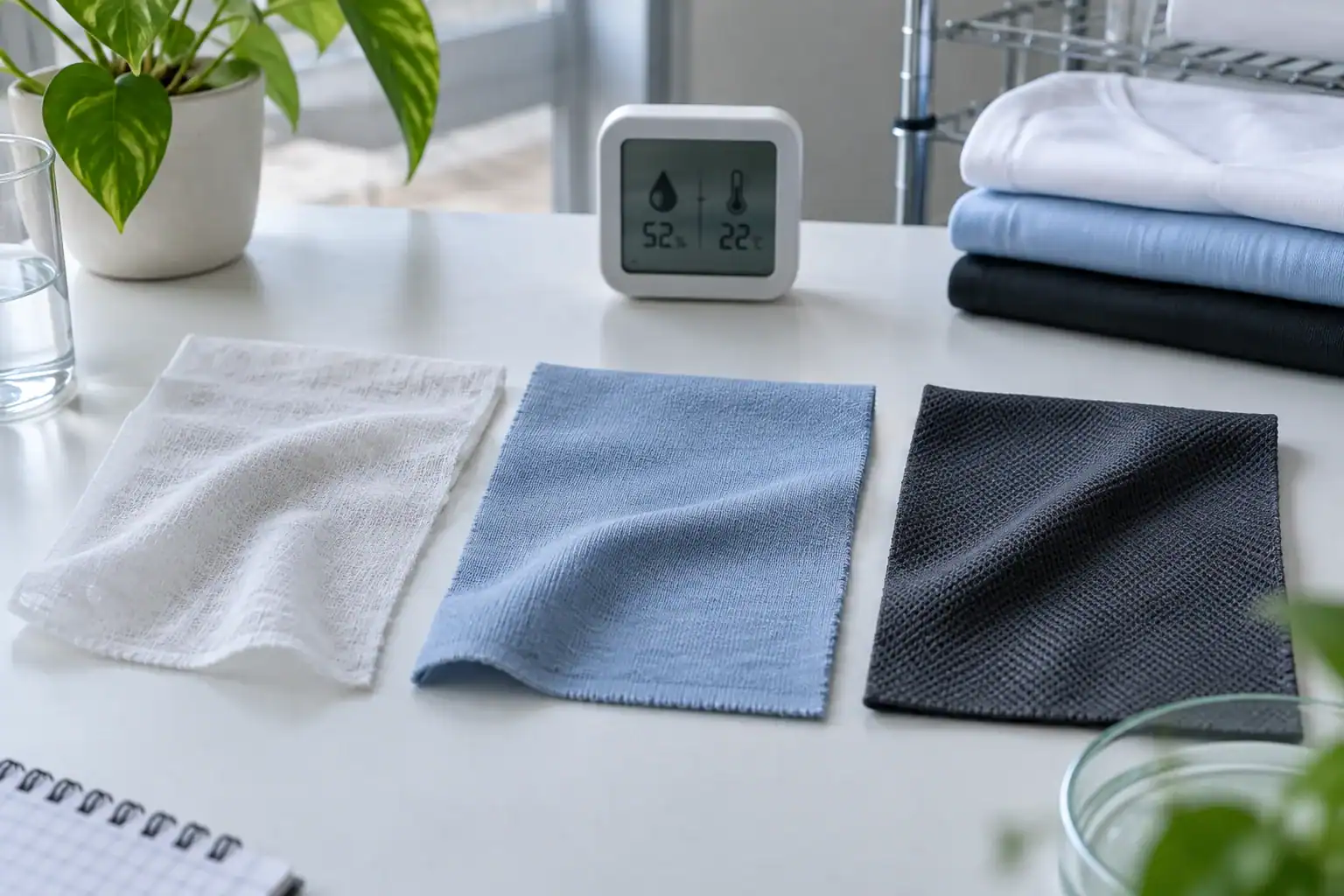 Fabric swatches for custom clothing with digital climate monitor in background.