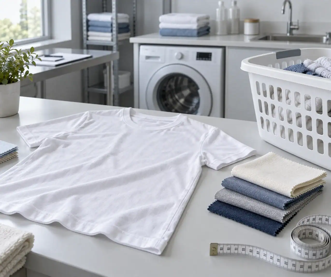 Jersey garment and fabric swatches prepared for controlled washing and care review