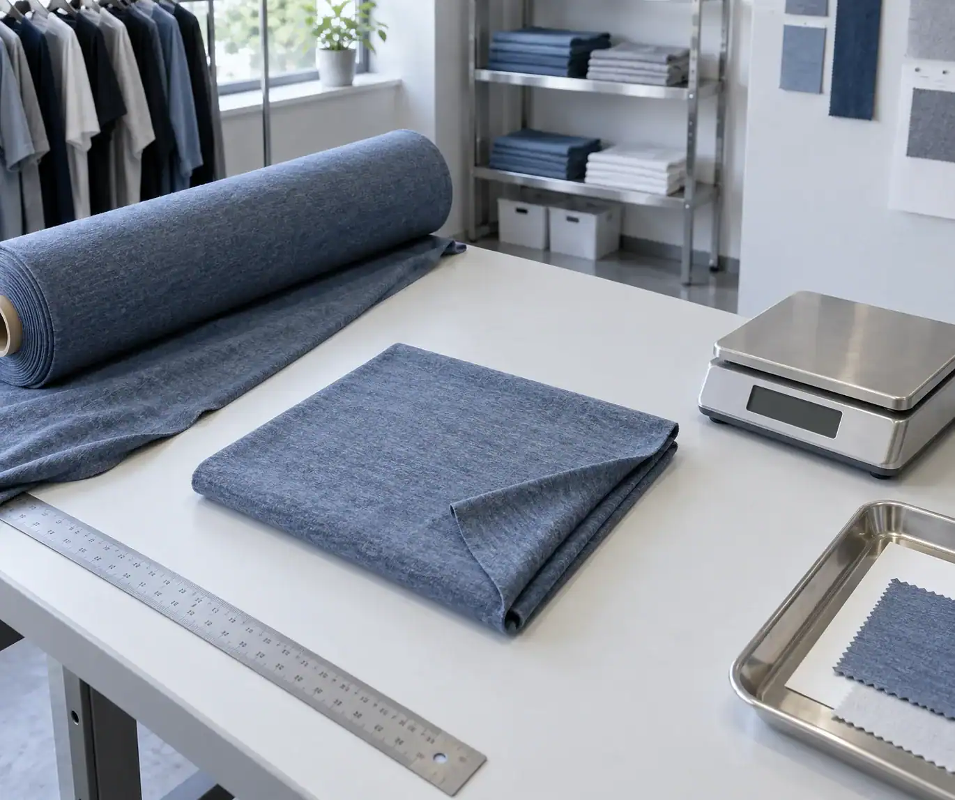 Blue fabric sample on a work table with measuring tools and sewing supplies.
