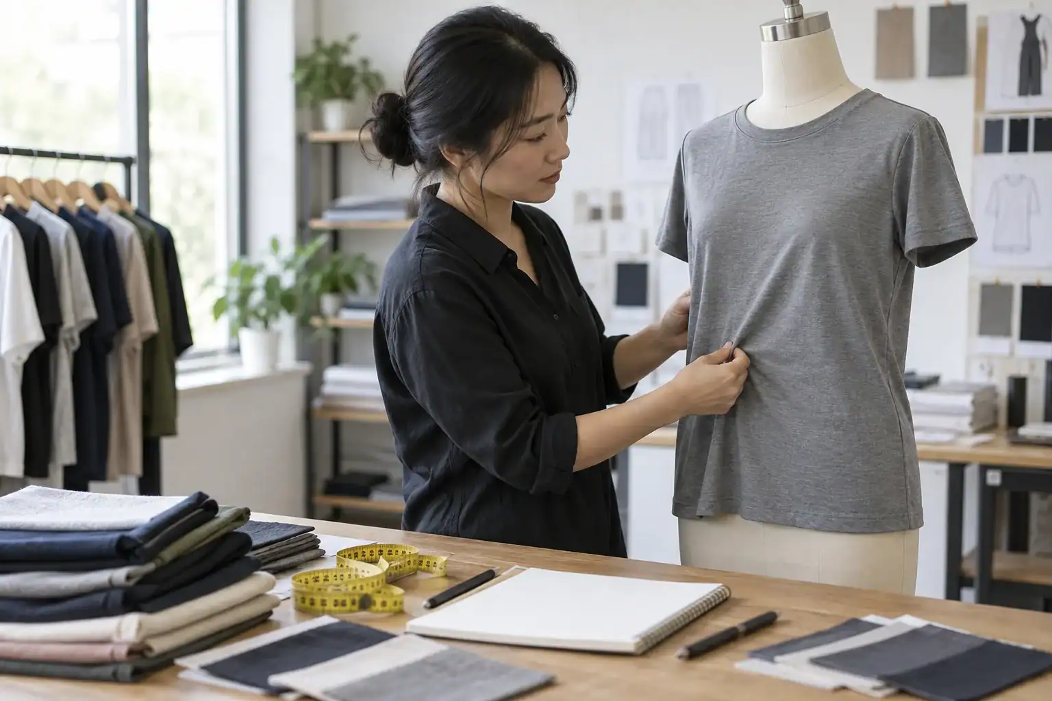 Fashion designer working on a gray t-shirt in a studio.