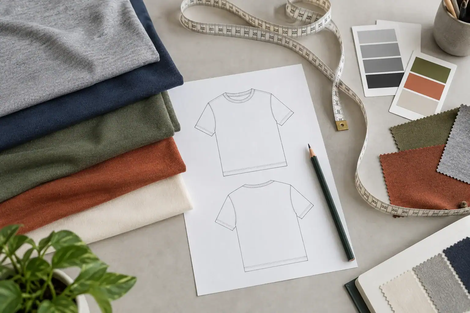 Clothing design sketches with fabric samples and color swatches.