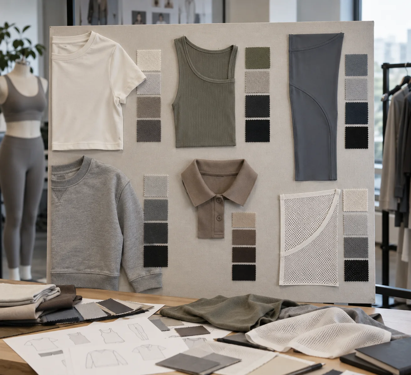 Knit fabric application board showing T-shirts, tanks, leggings, sweatshirts, polos and mesh panels beside swatches