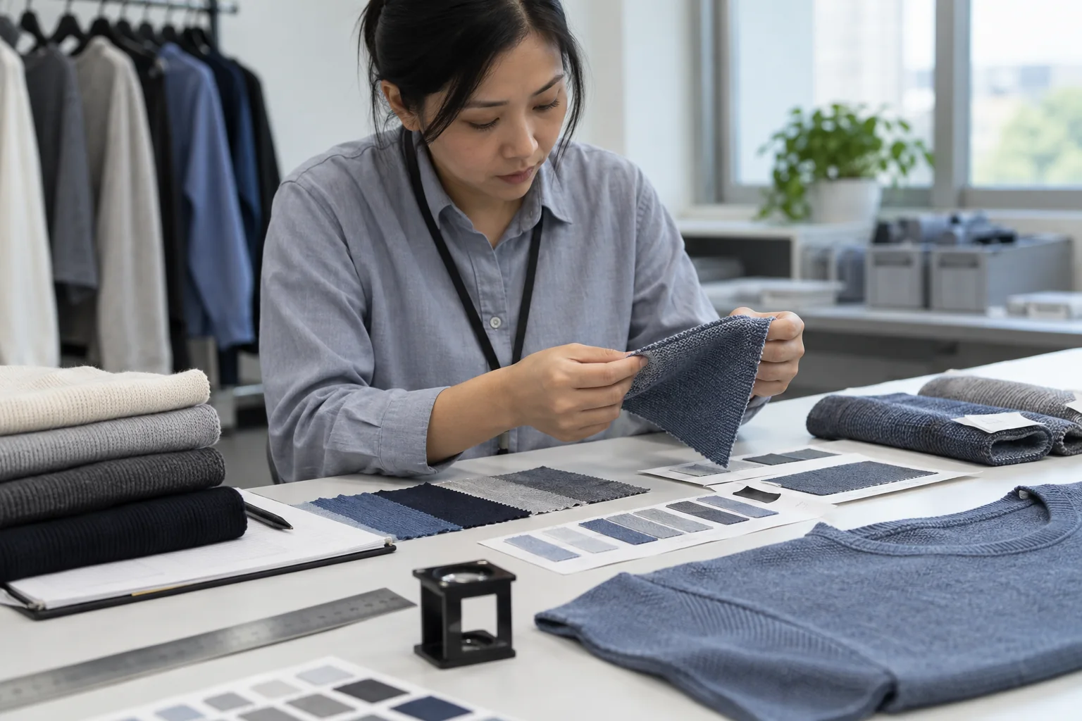 Asian textile quality technician checking knit swatches, laundered specimens, shade and finished garment panels on an inspection table