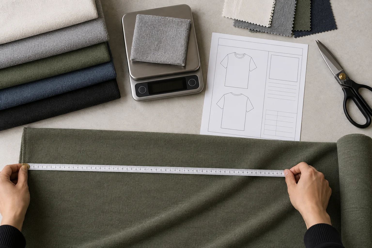 Knit fabric GSM and usable width check with a scale, measuring tape, swatches and blank tech-pack card