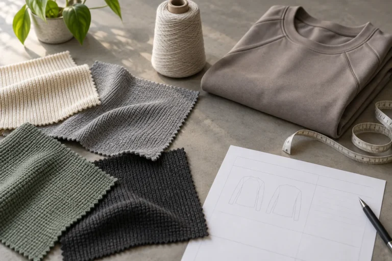 Knit fabric swatches, a folded activewear garment and a blank apparel brief on a sourcing table