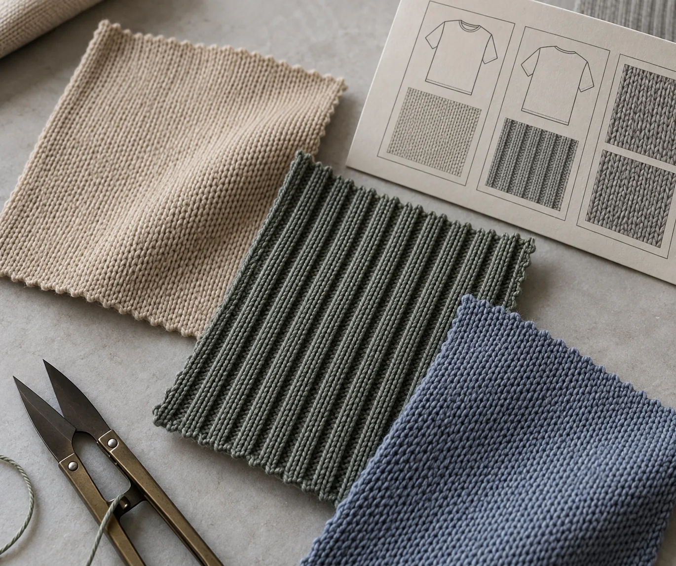 Jersey, rib and interlock swatches arranged as a construction comparison for apparel buyers
