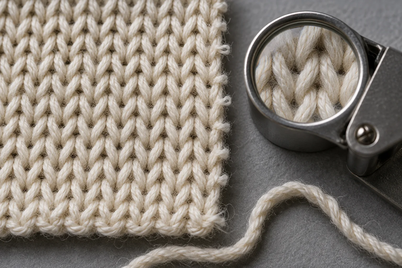 Macro view of knit loops beside a cut edge, yarn sample and textile magnifier