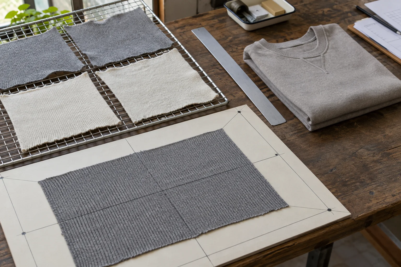 Knit fabric shrinkage and skew review with laundered specimens, alignment ruler and folded garment panel