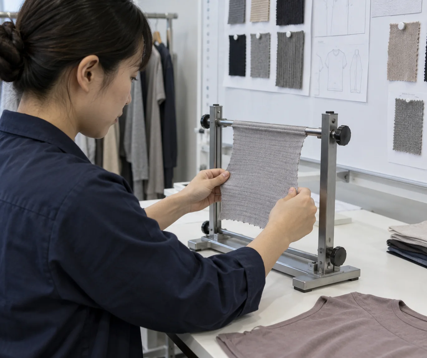 Asian textile technician checking knit fabric stretch and recovery on a simple test frame beside a sewn panel