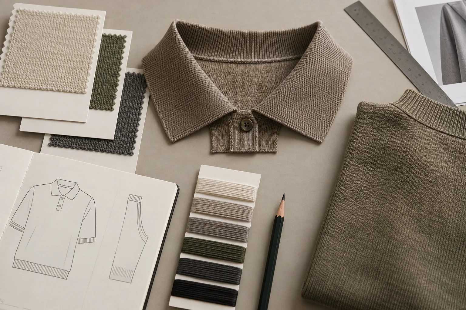 Knit fabric tech pack flat lay with blank swatch cards, collar sample and sewn panel