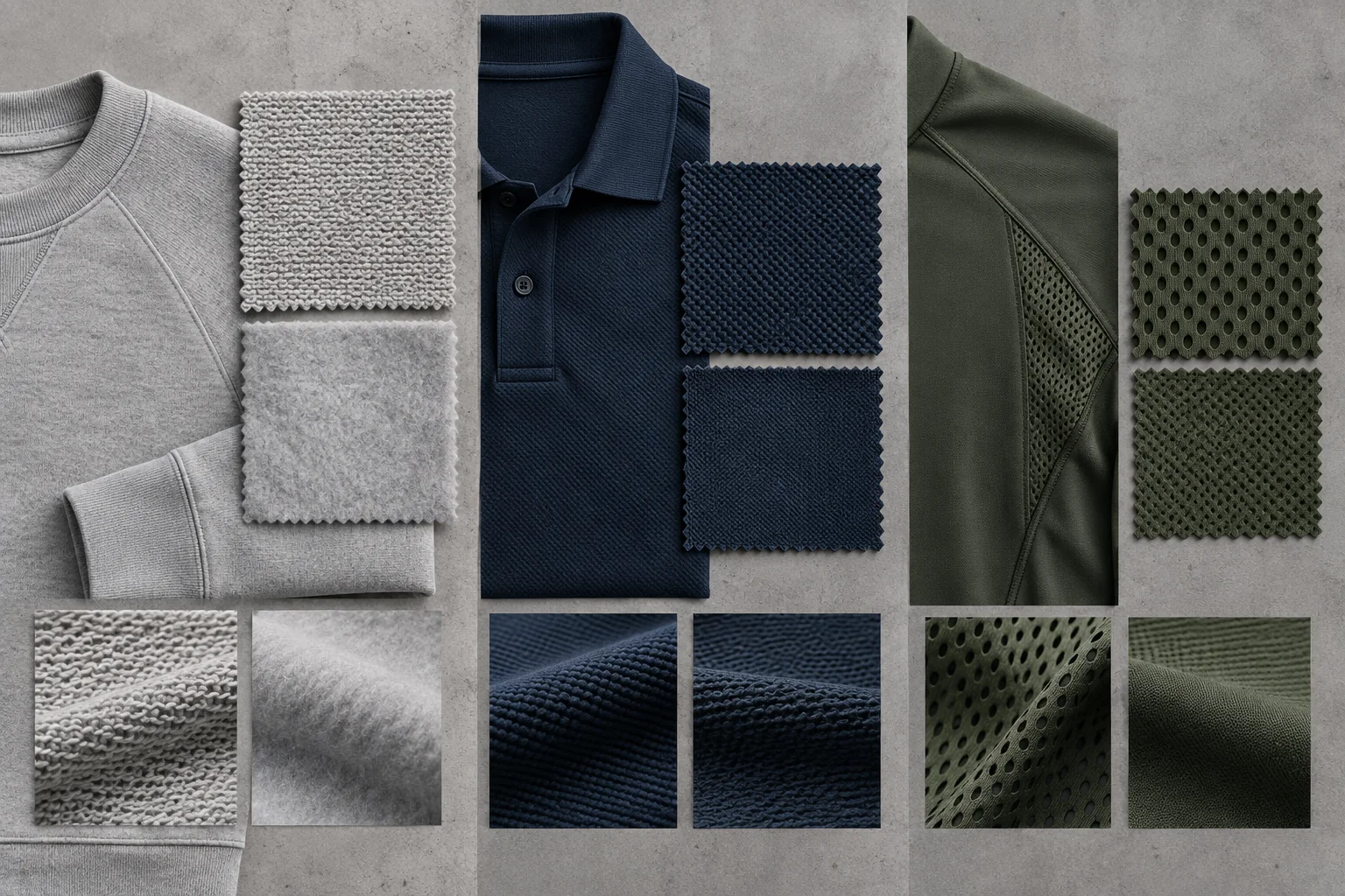 French terry, fleece, pique and mesh swatches beside sweatshirt, polo and performance garment panels