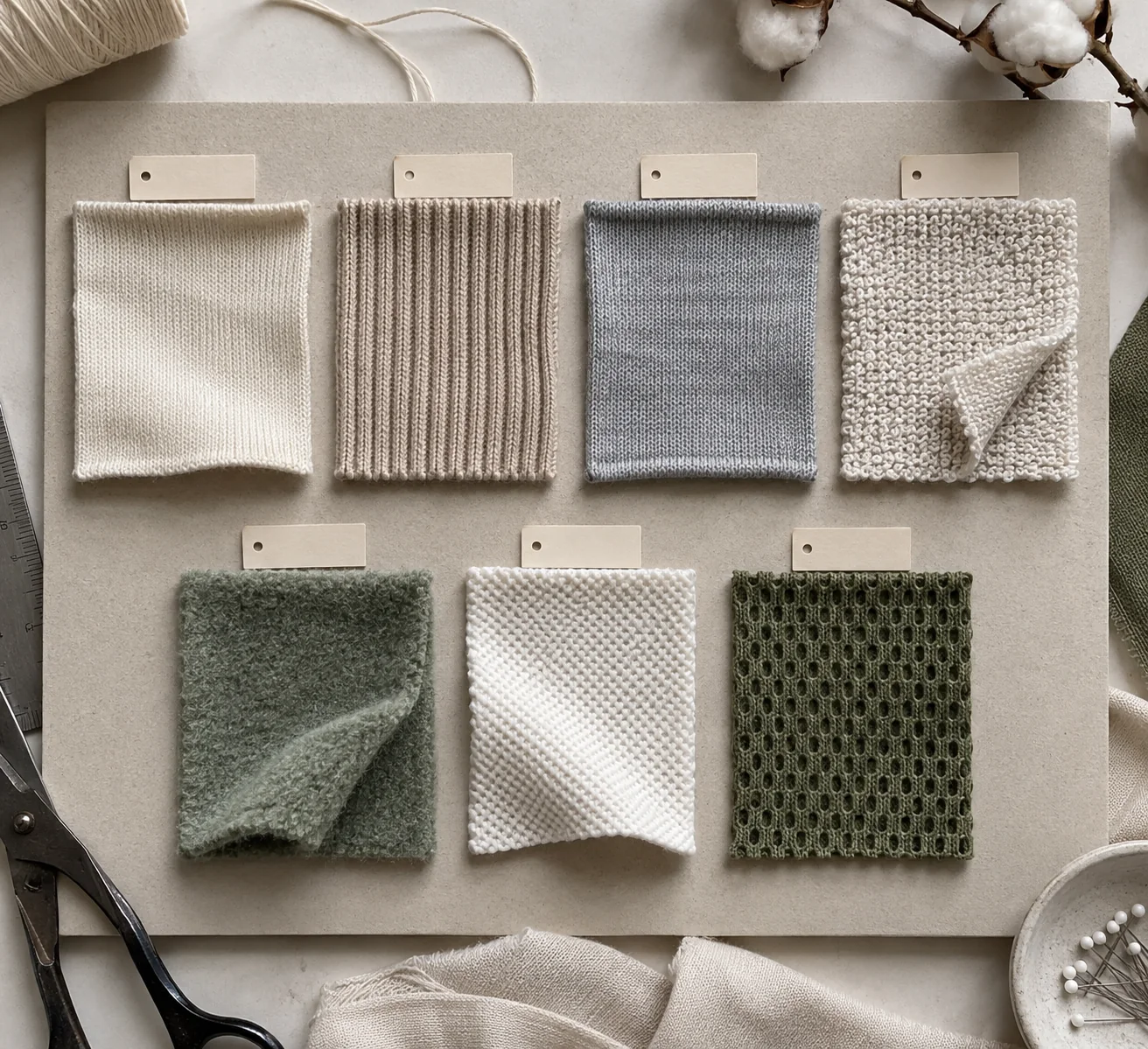 Knit fabric type board showing jersey, rib, interlock, French terry, fleece, pique and mesh swatches