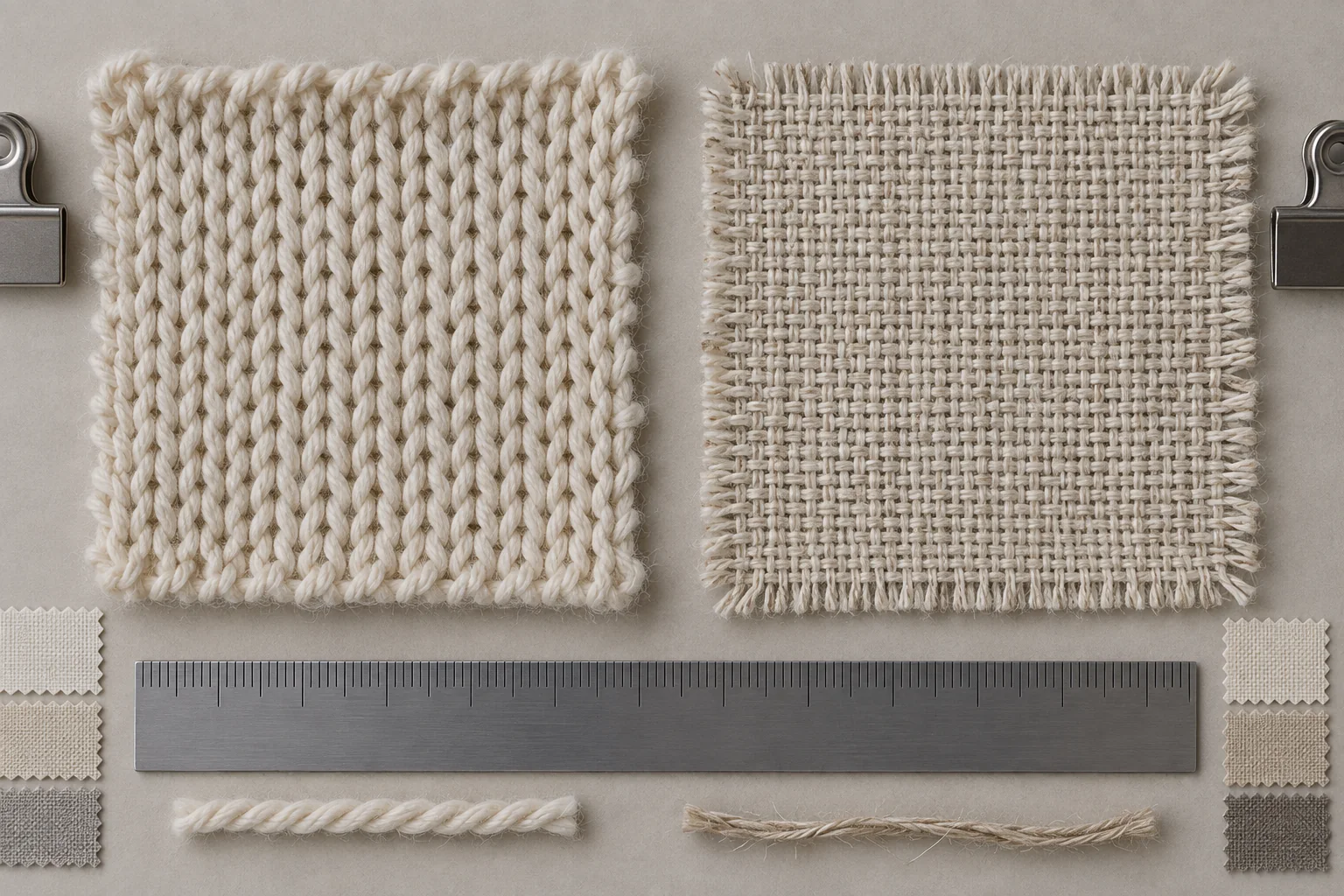 Knit fabric and woven fabric swatches placed side by side with a cut edge visible