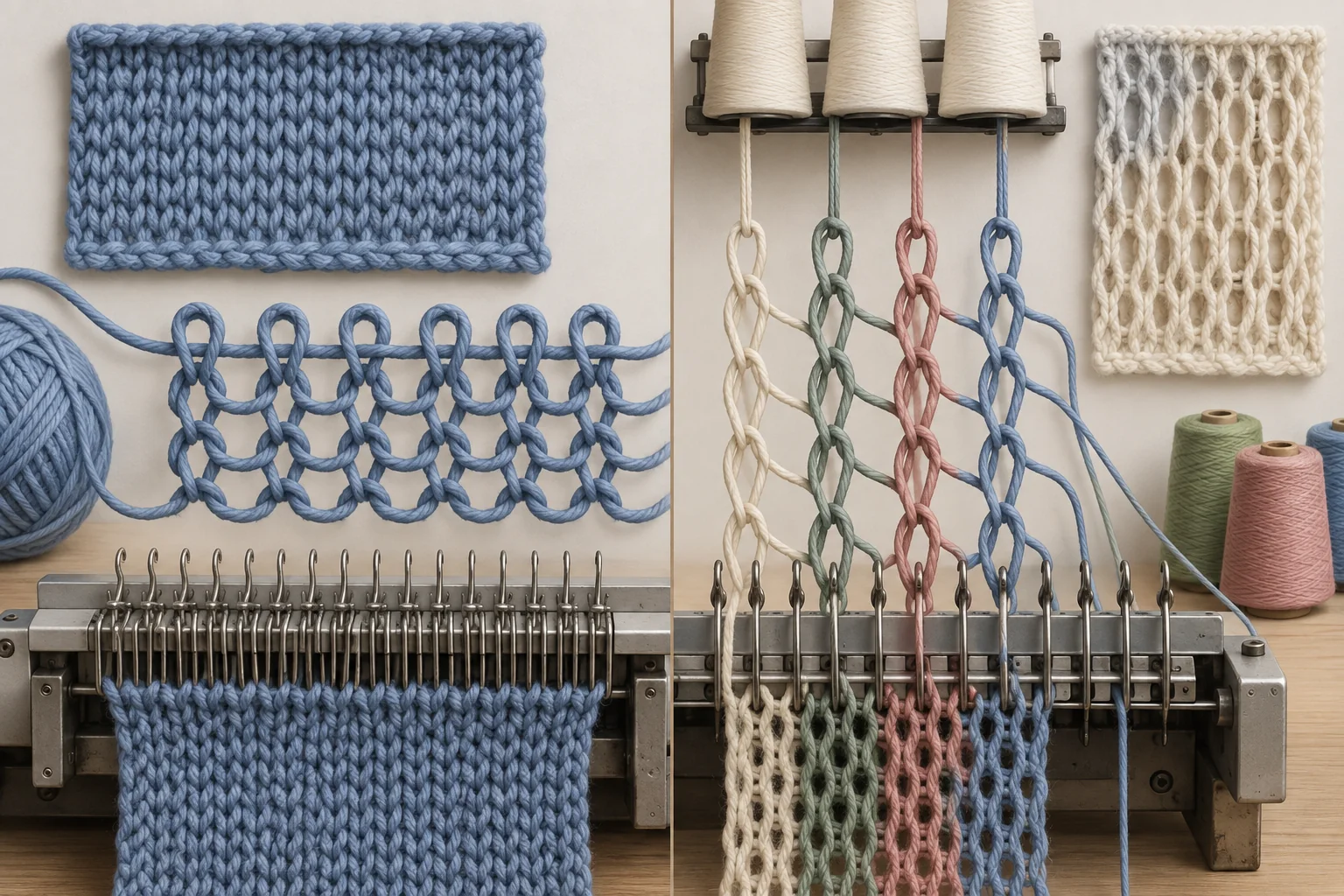 Technical textile workstation showing horizontal weft loops and lengthwise warp knit construction without readable labels