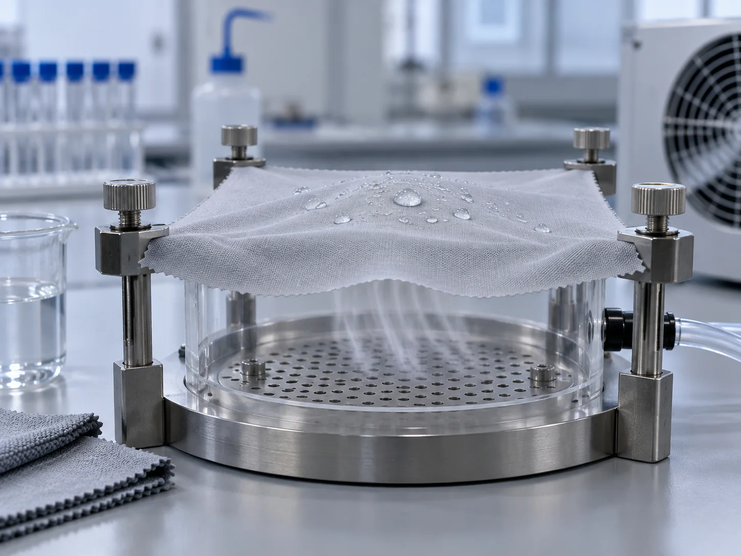 Moisture and air movement test setup for microfiber fabric