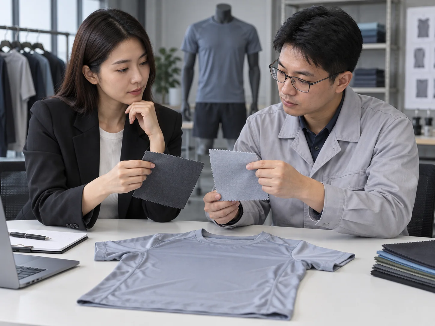 Asian buyer and quality technician comparing microfiber fabric samples before approval