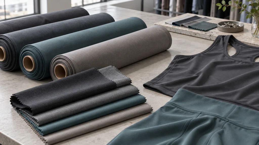Microfiber fabric swatches and unbranded activewear panels for buyer review