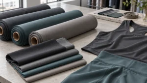 Microfiber fabric swatches and unbranded activewear panels for buyer review