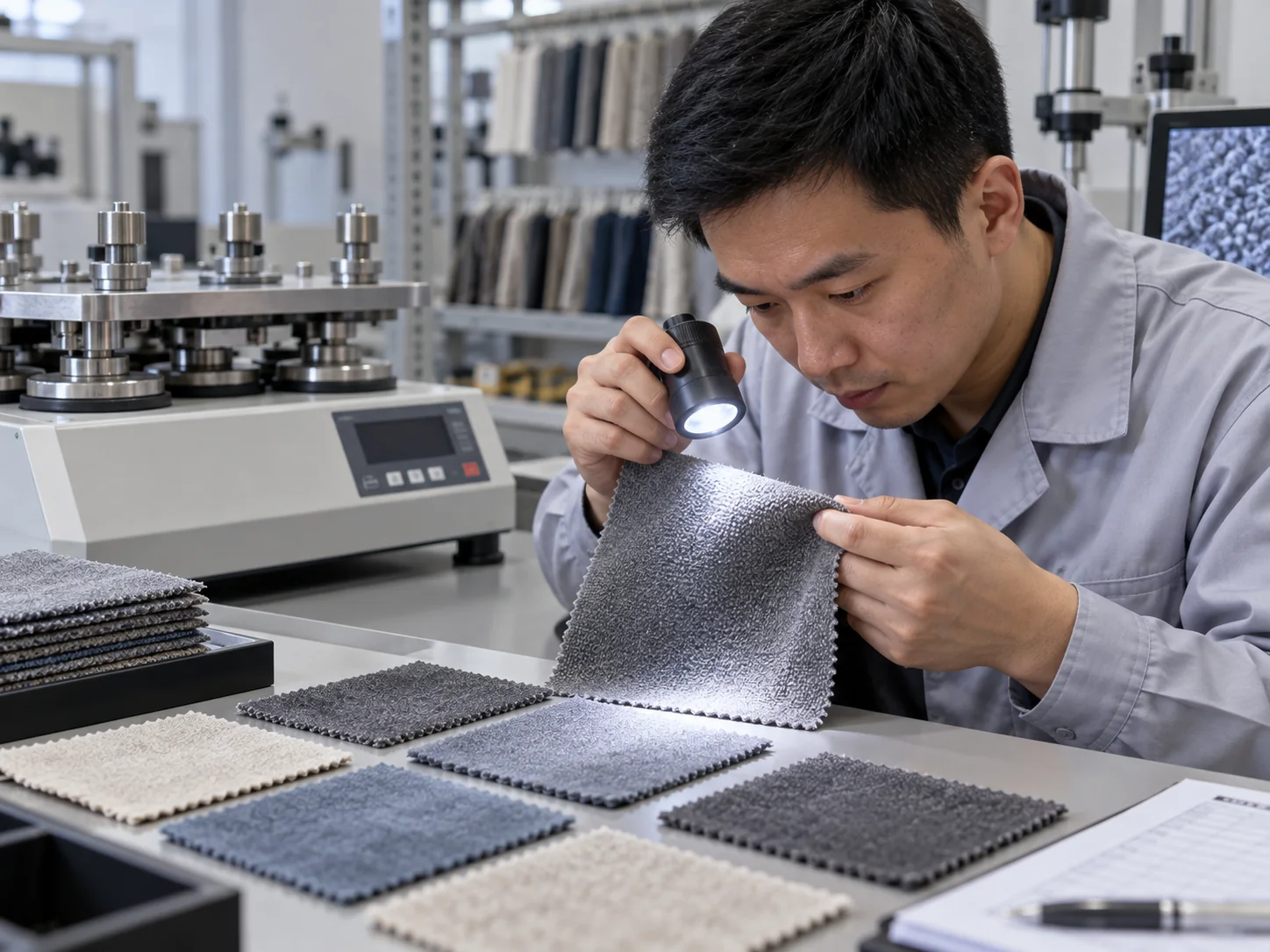 Technician inspecting microfiber fabric pilling and abrasion