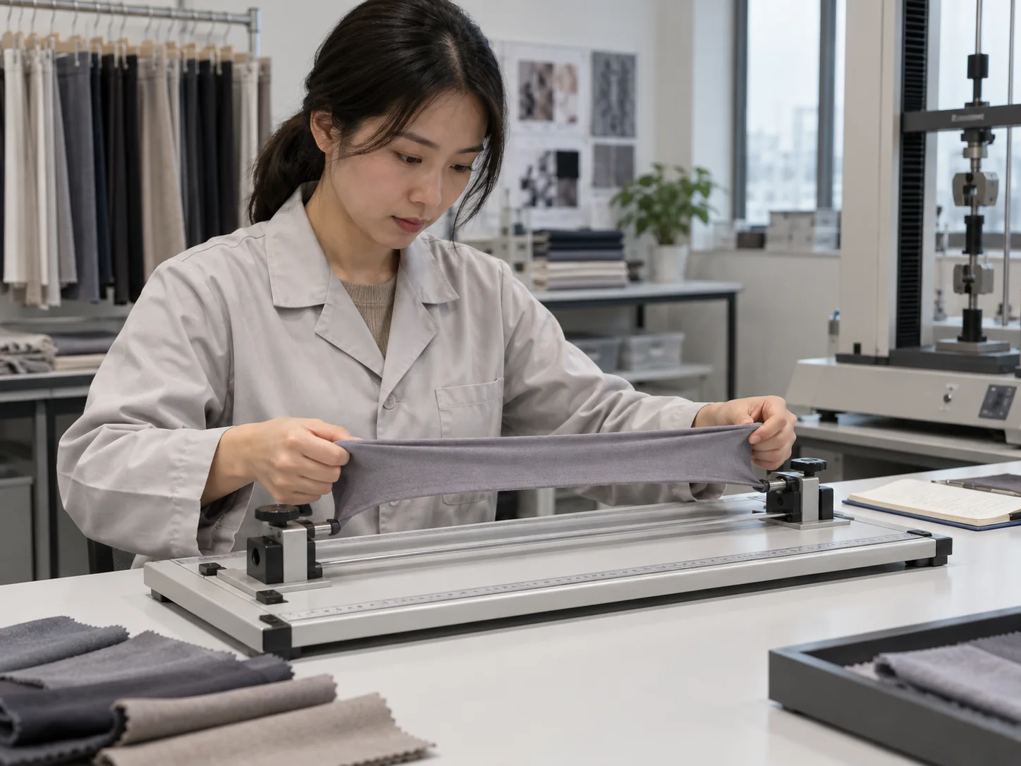 Asian textile technician checking microfiber fabric stretch and recovery