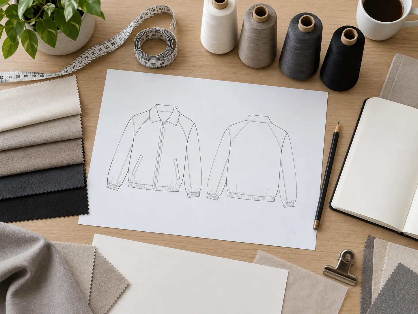 Blank apparel tech pack and microfiber fabric swatches for specification review