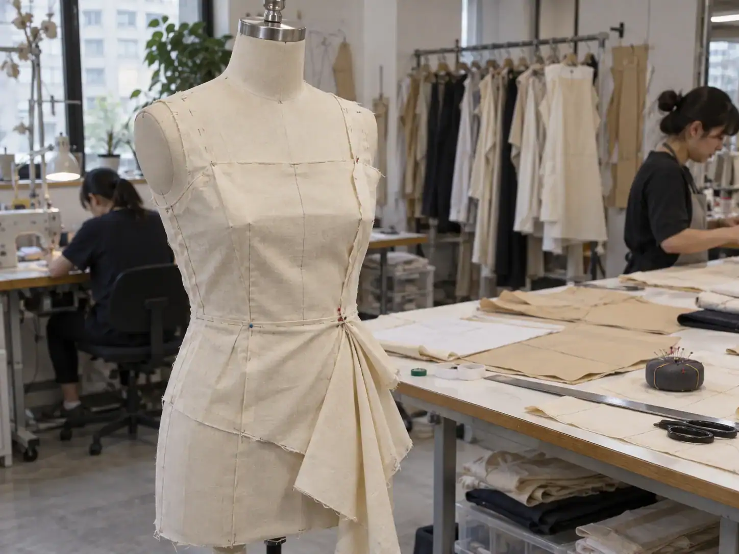 Unbleached muslin toile on a dress form in an apparel sample room