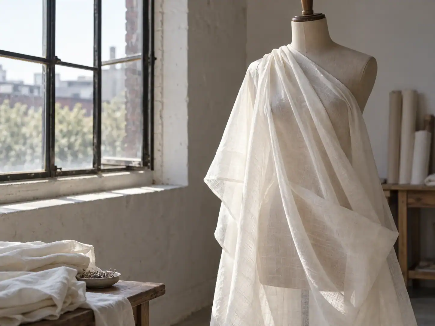 White fabric draped on mannequin in bright studio setting.