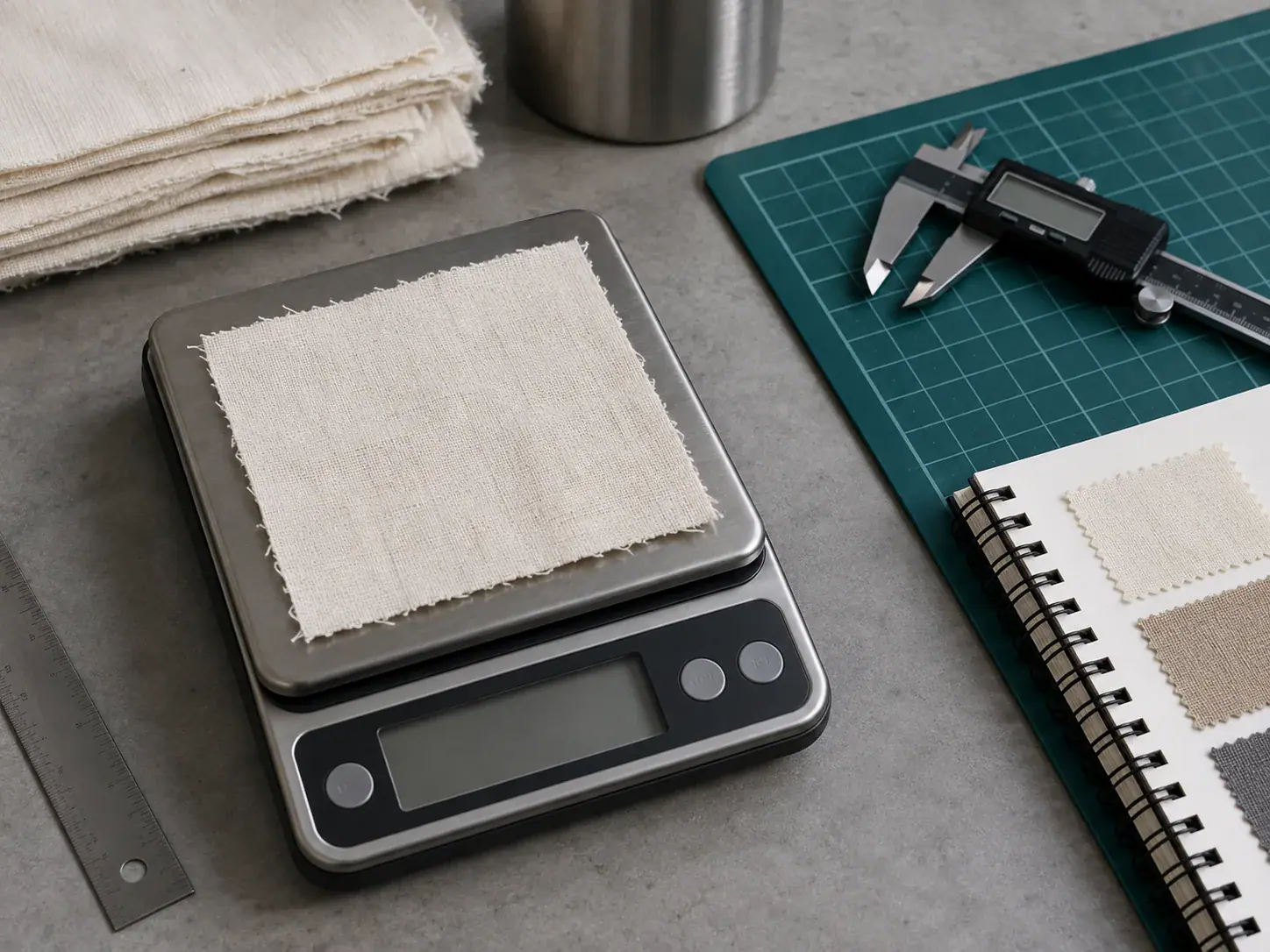 Muslin fabric sample on digital scale for quality testing.
