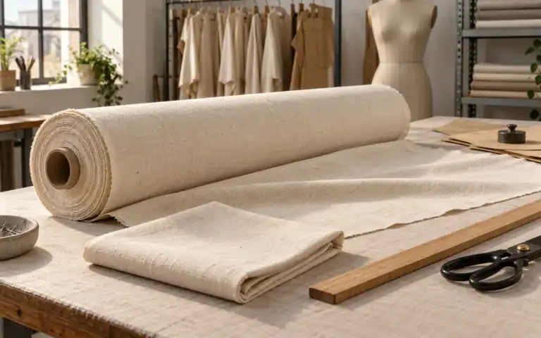 Natural cotton muslin fabric roll and folded swatch on an apparel cutting table