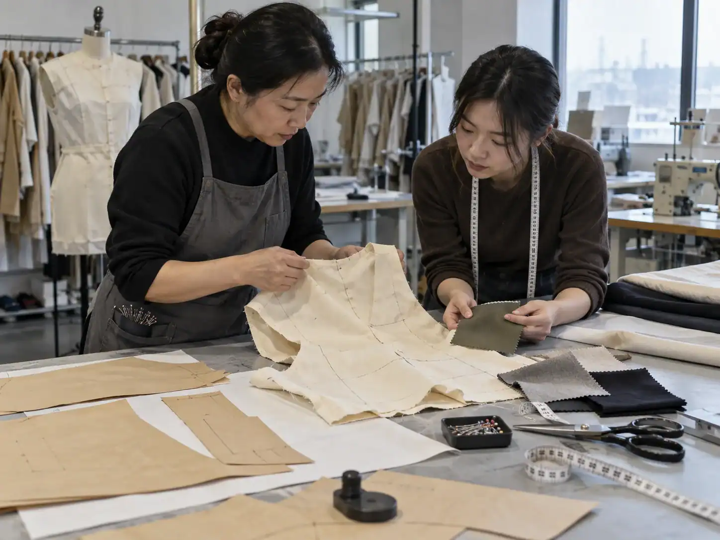 Fashion designers working on fabric samples in a sewing studio.