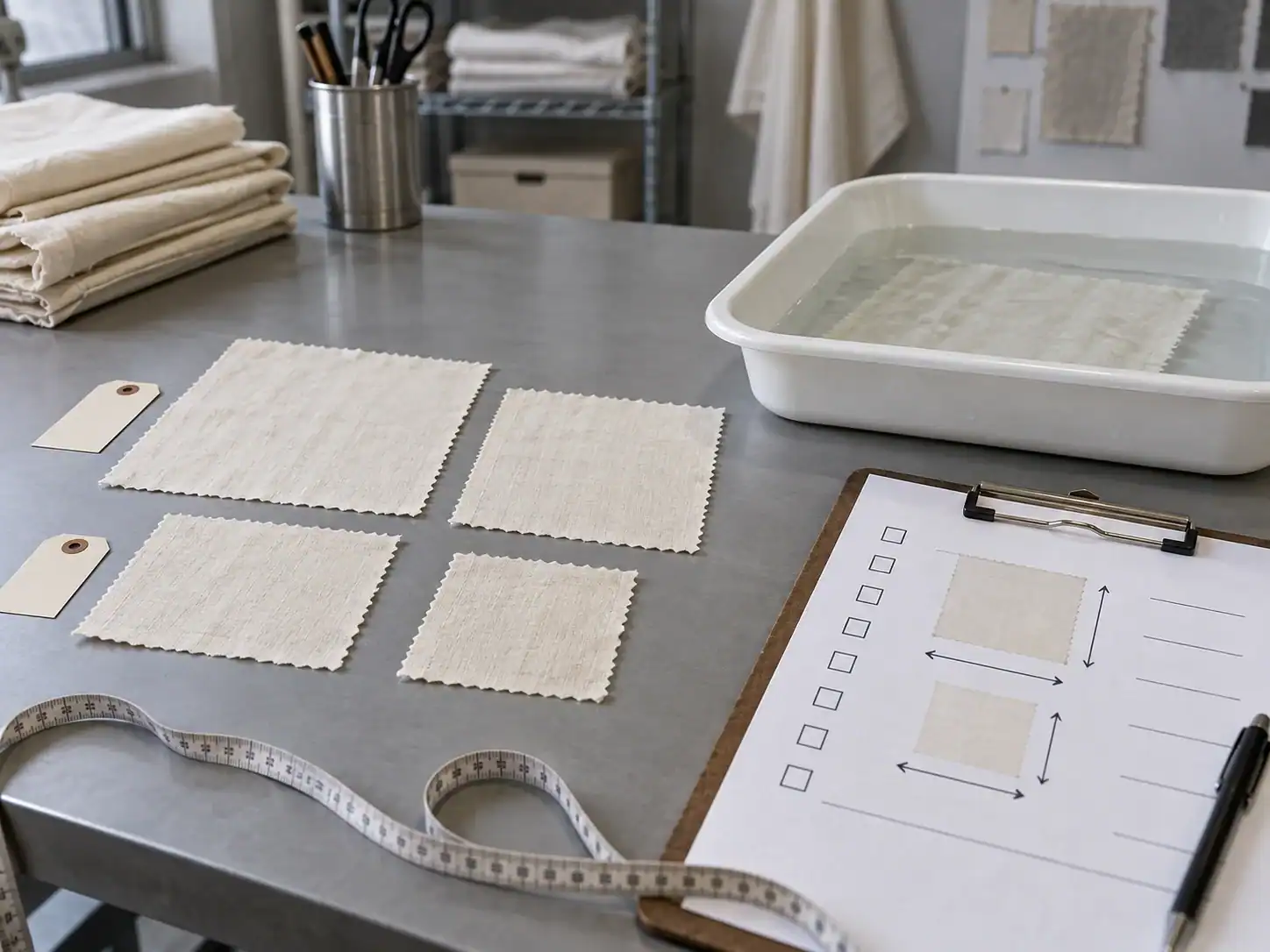 Fabric swatches and design planning tools for custom clothing manufacturing.