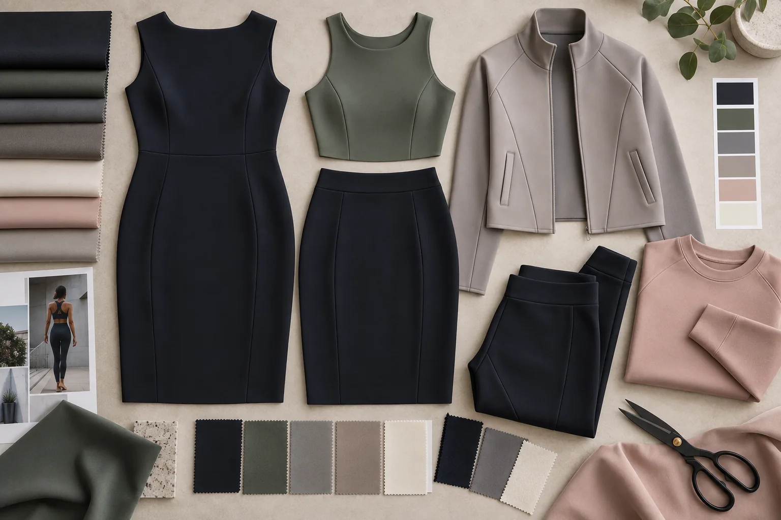 Scuba fabric application board showing structured dresses, skirts, tops, jackets and lifestyle panels beside swatches