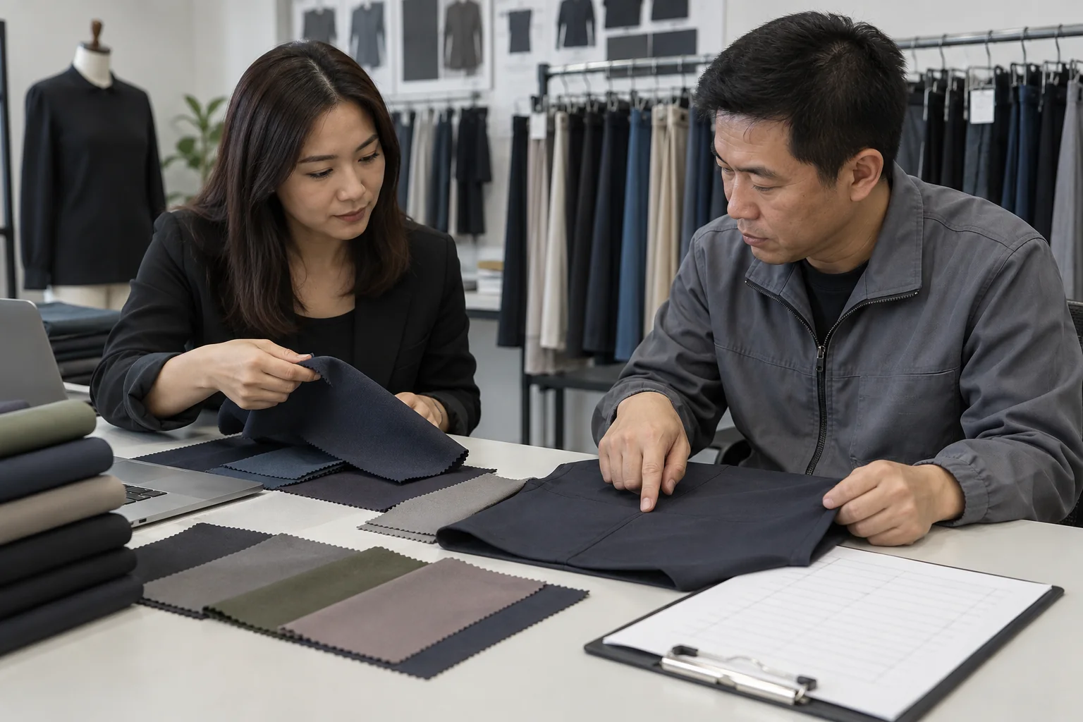 Asian textile buyer and quality technician checking scuba swatches, sewn panels and a blank approval checklist on an inspection table