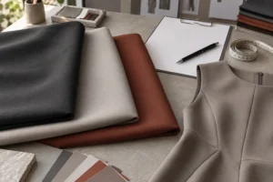 Scuba fabric swatches, a structured dress panel and a blank apparel brief on a sourcing table