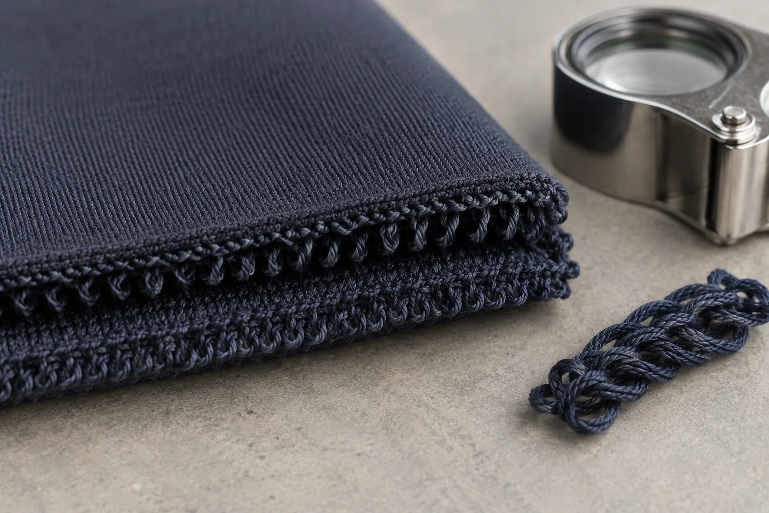 Macro view of dense scuba double-knit loops beside a cut edge, yarn sample and textile magnifier