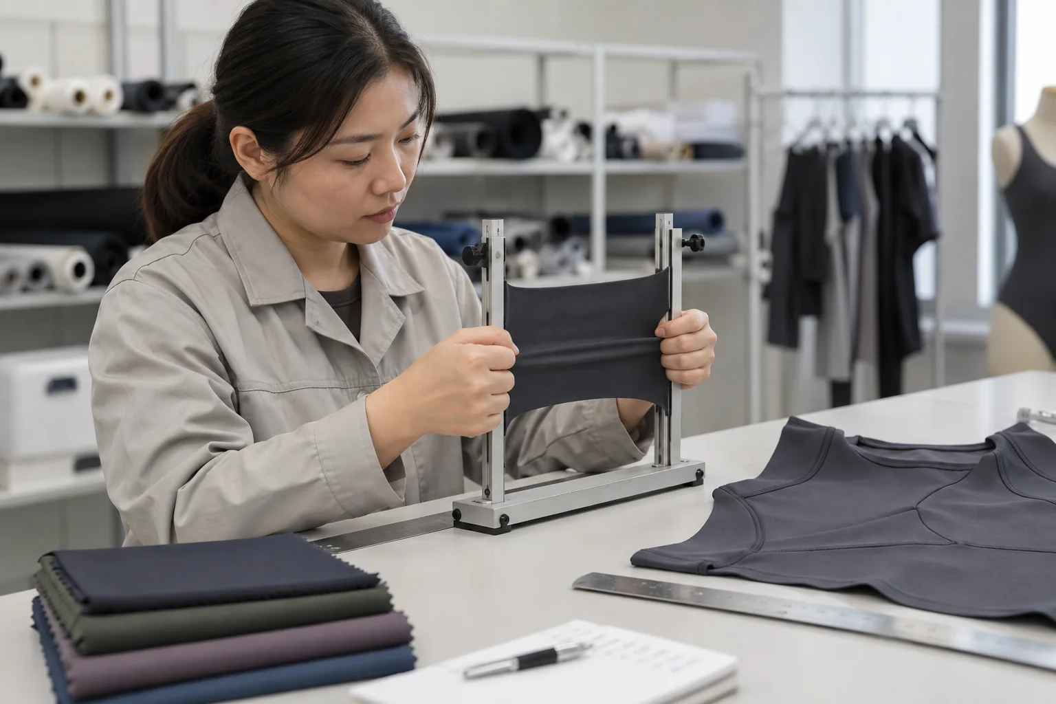 Asian textile technician checking scuba fabric stretch and recovery on a simple test frame beside a sewn panel