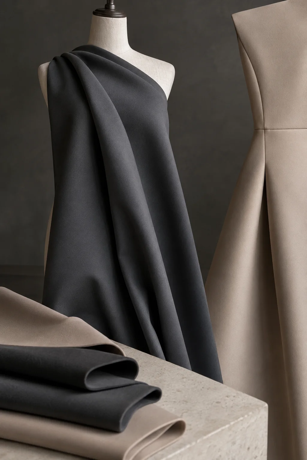 Scuba fabric surface and drape review with smooth folded swatches and a sculpted dress panel