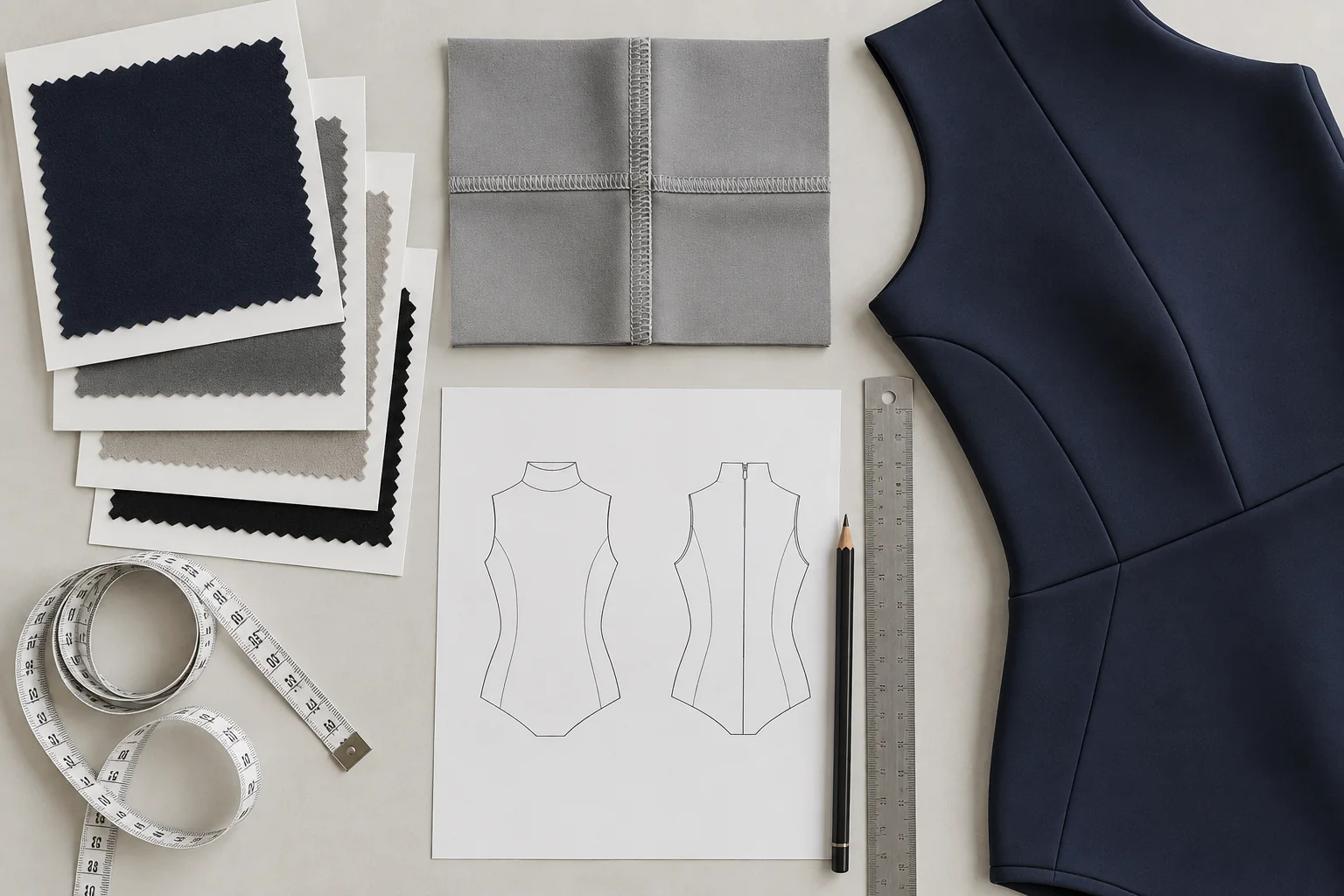 Scuba fabric tech pack flat lay with blank swatch cards, seam sample and structured garment panel