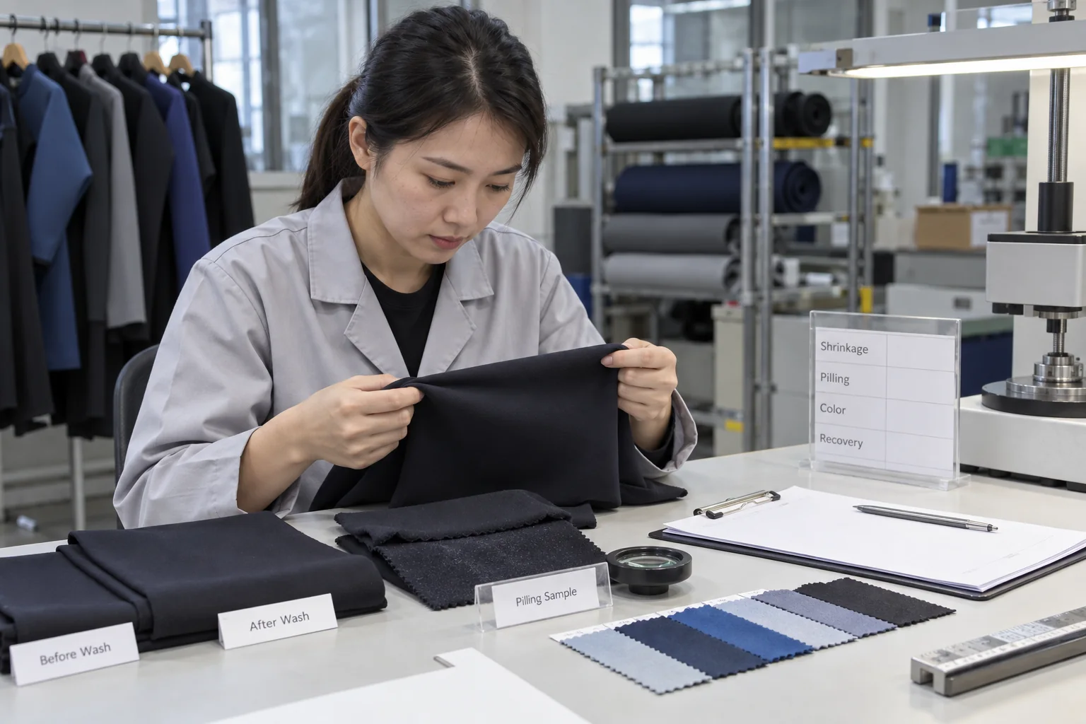 Textile quality technician reviewing scuba fabric shrinkage, pilling, color and recovery test specimens