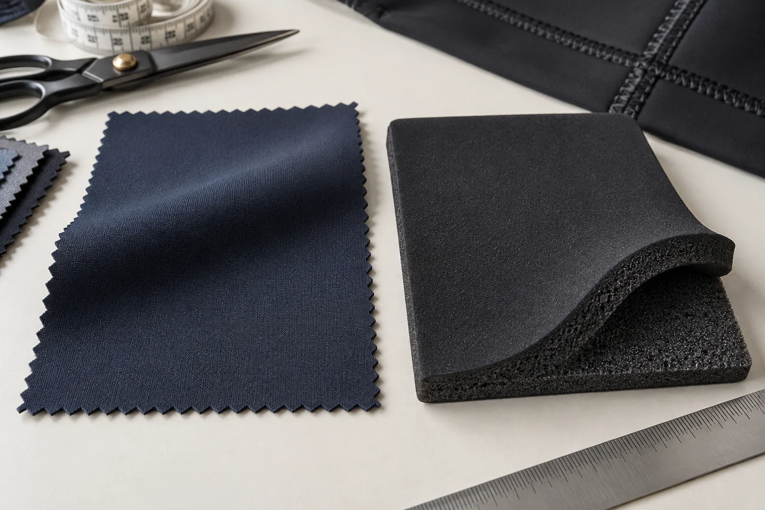 Scuba textile swatch and neoprene foam sample compared side by side on an apparel materials table