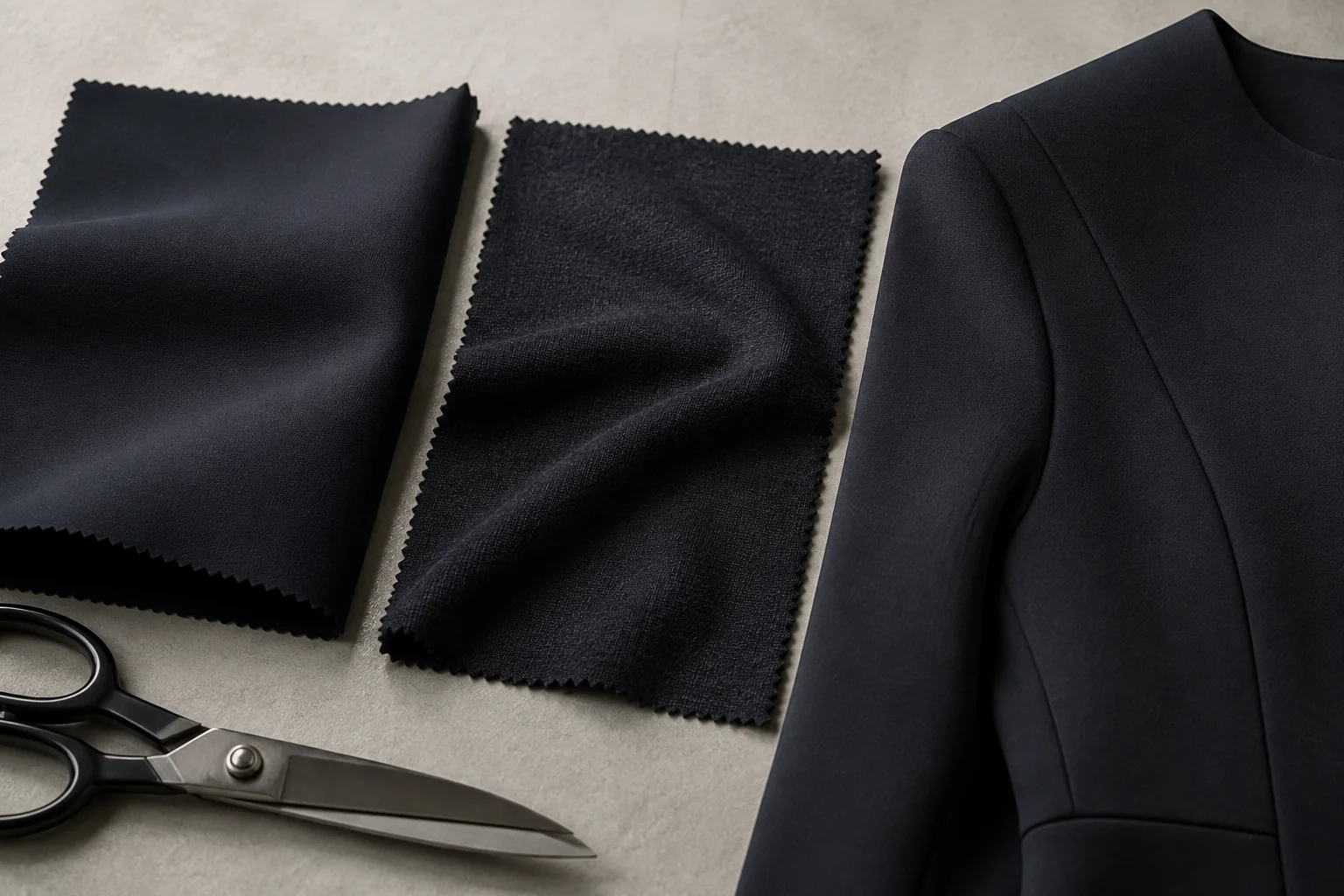 Scuba and ponte double-knit swatches arranged side by side with a structured garment panel
