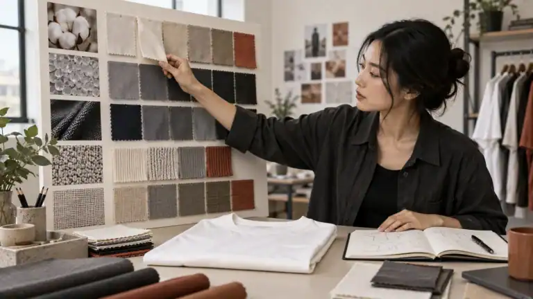 Modedesigner überprüft Stoffmuster für maßgeschneiderte Kleidung.