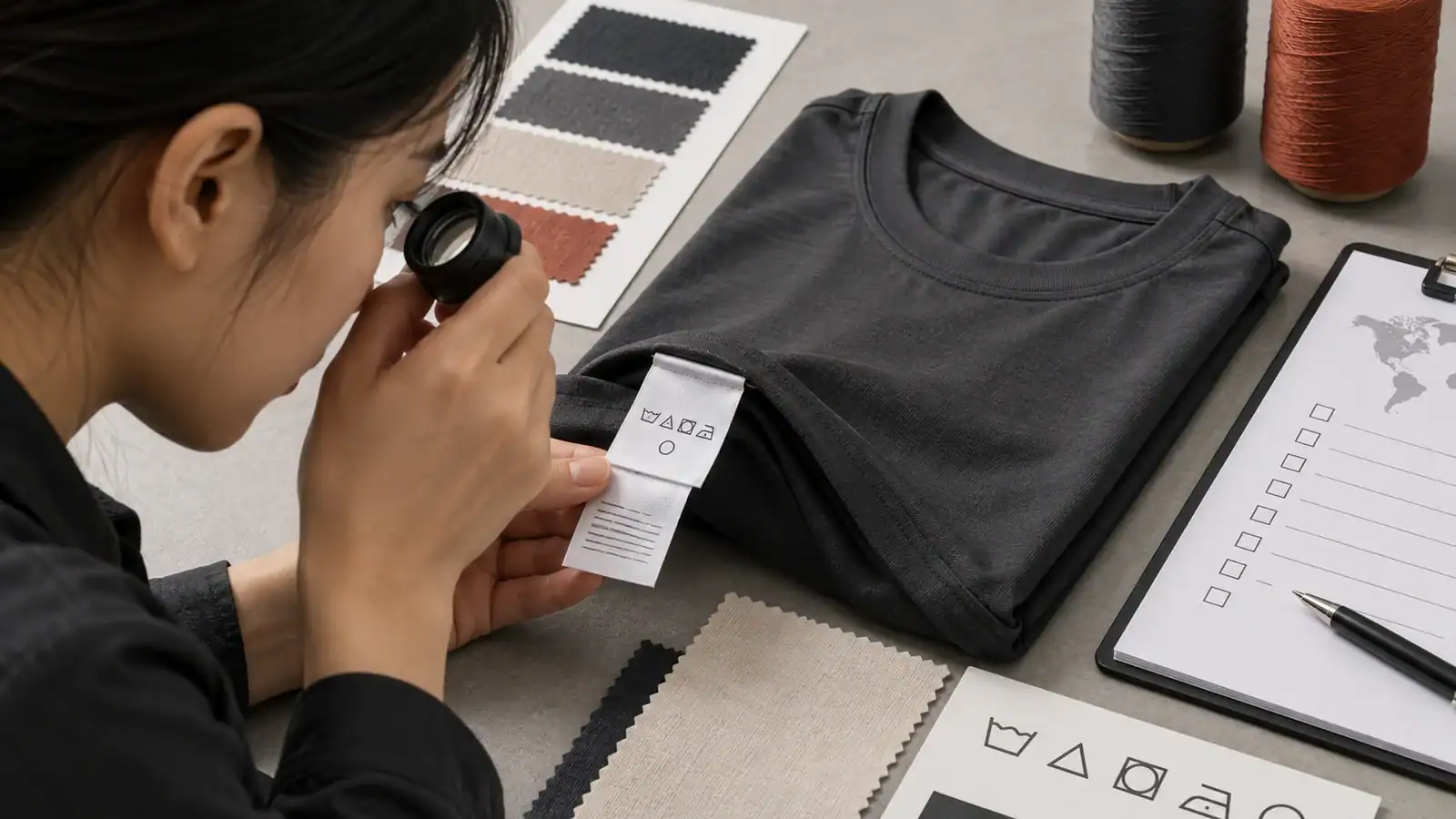 Designteam inspiziert Stoff- und Kleidungsproben für maßgeschneiderte Bekleidung.