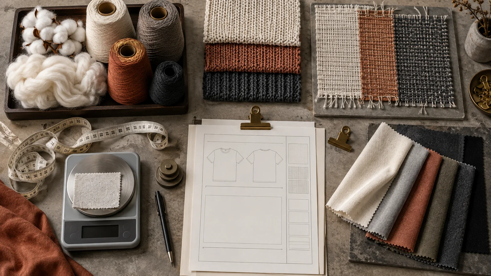 Stoffmuster, Garne und Designskizzen für individuelle Bekleidung.