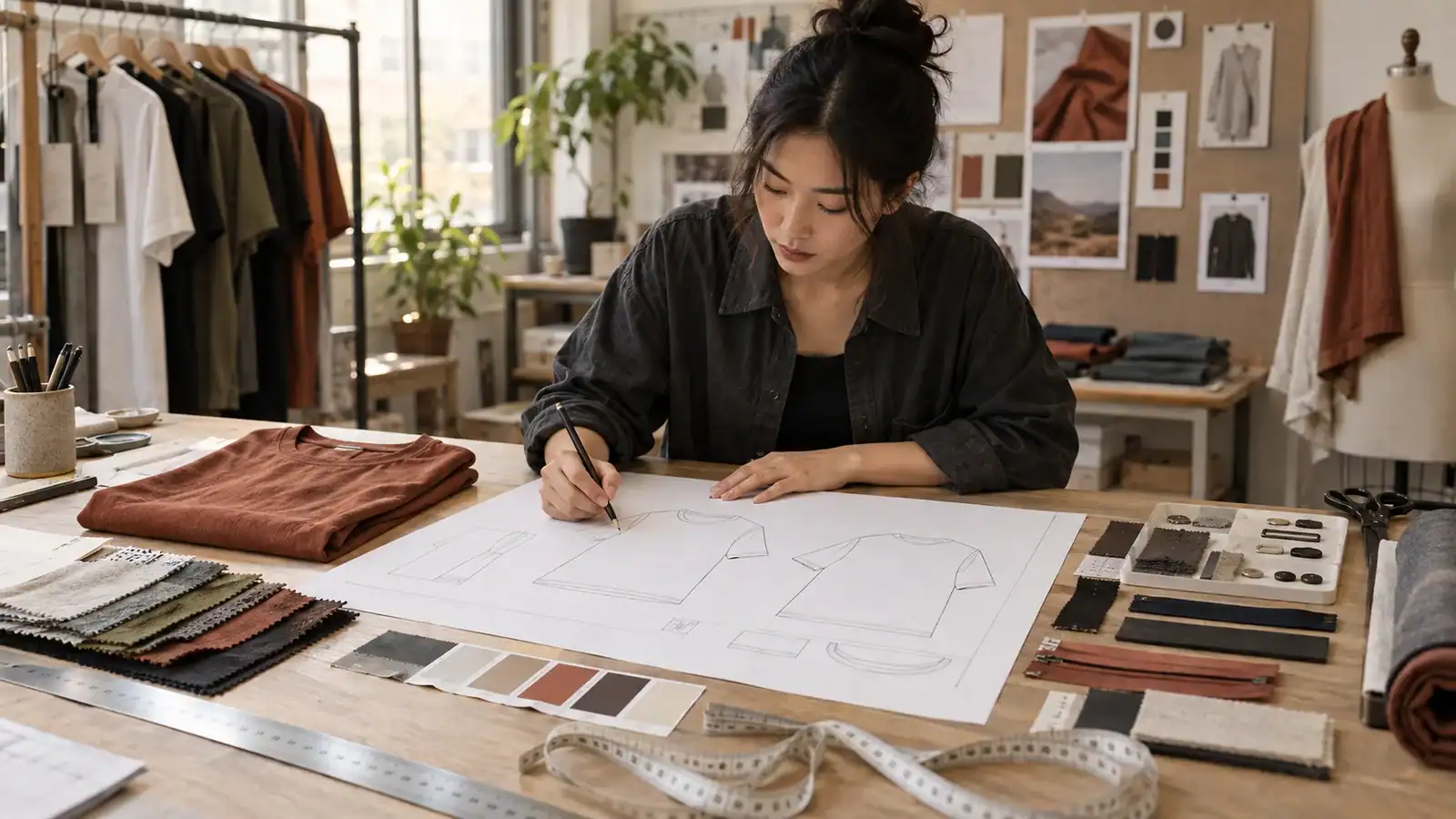 Modedesigner arbeitet an Kleidungsskizzen im Studio.